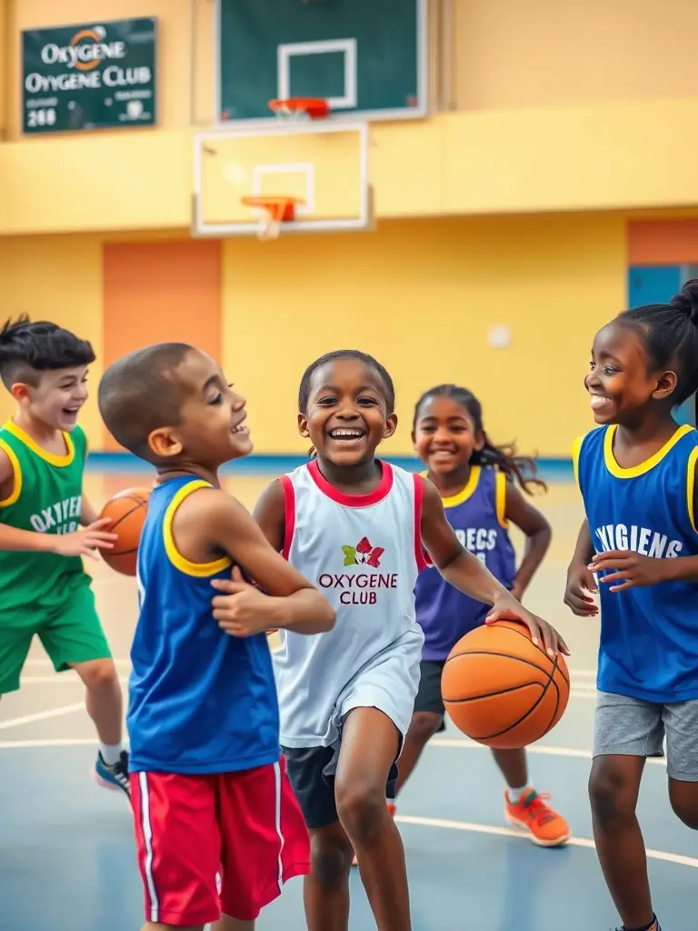 A group of children participating in a sports camp at ESPACE FORME USSEL, playing basketball and engaging in team-building activities outdoors.