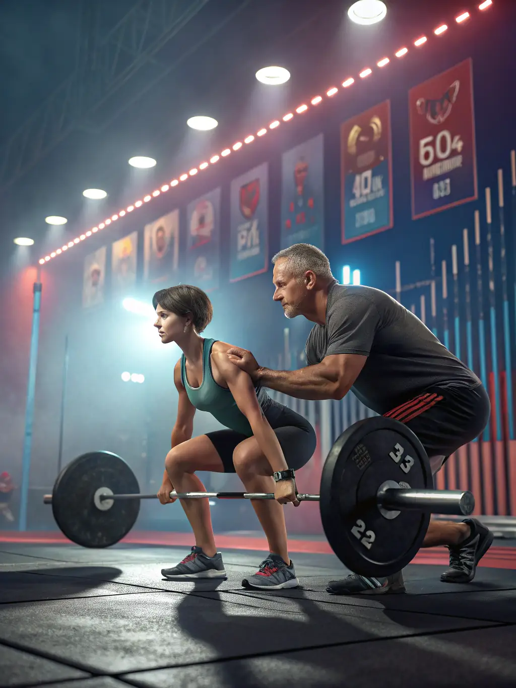 A personal trainer assisting a client with weightlifting at ESPACE FORME USSEL, focusing on proper form and technique in a well-equipped gym.