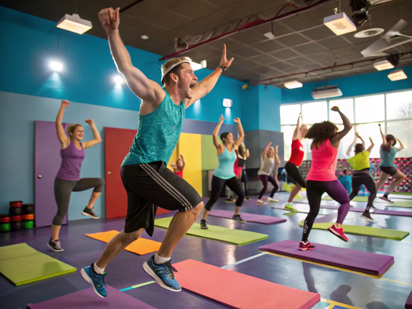 A vibrant image of a group fitness class in session at ESPACE FORME USSEL, showcasing participants of various ages and fitness levels engaged in a high-energy workout, with an instructor leading the class.
