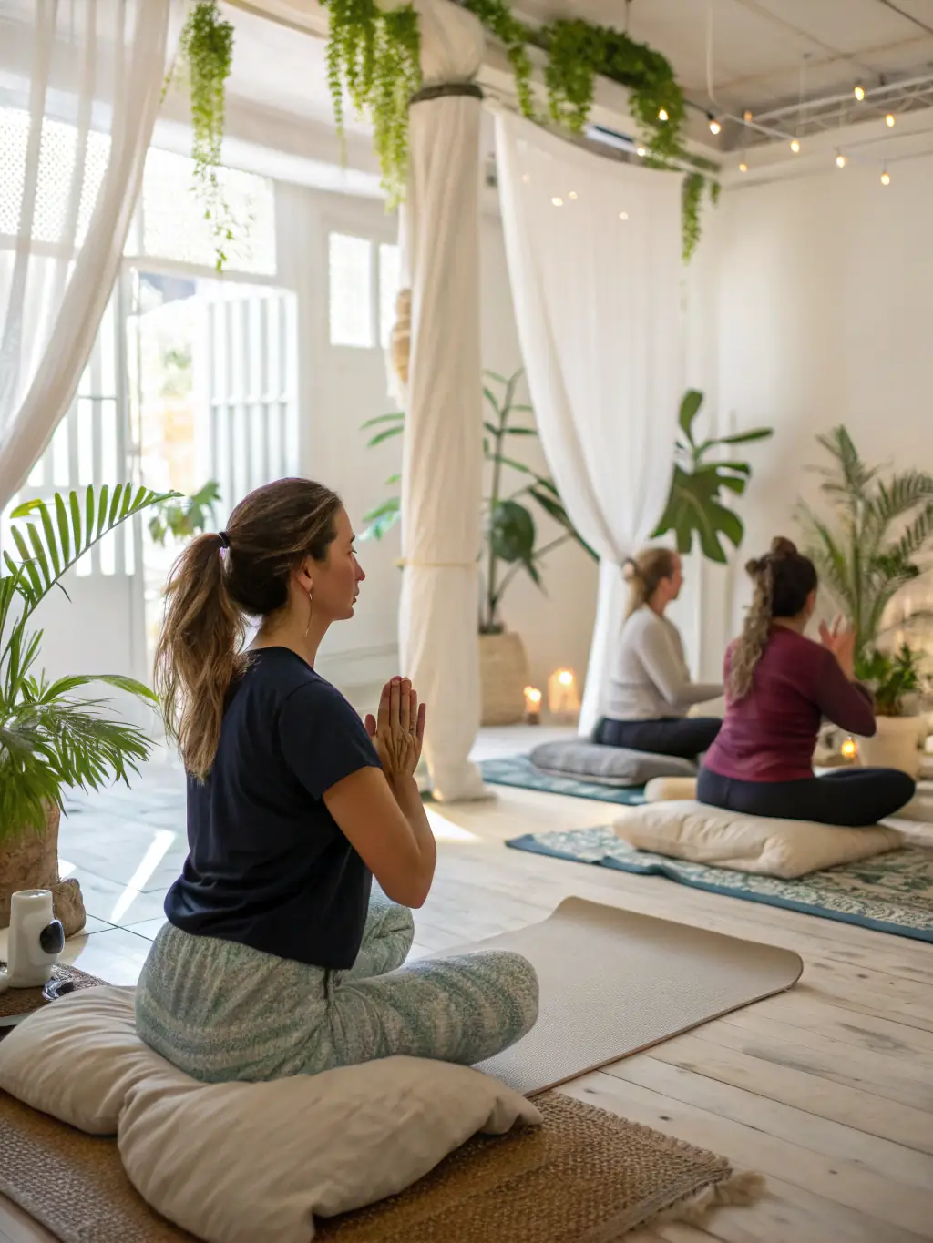 Participants engaged in a yoga session at ESPACE FORME USSEL, performing various poses under the guidance of an instructor in a serene studio setting.
