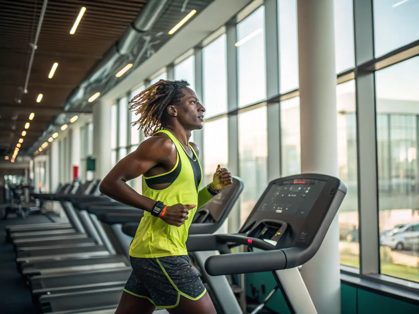 A person using fitness equipment, with a focus on personalized settings and adjustments being made by a trainer.