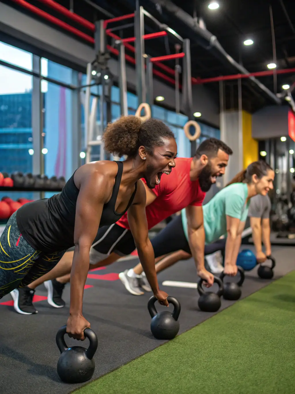 A dynamic image of a group fitness class at ESPACE FORME USSEL, showcasing participants engaged in a high-energy workout, with a focus on teamwork and motivation.