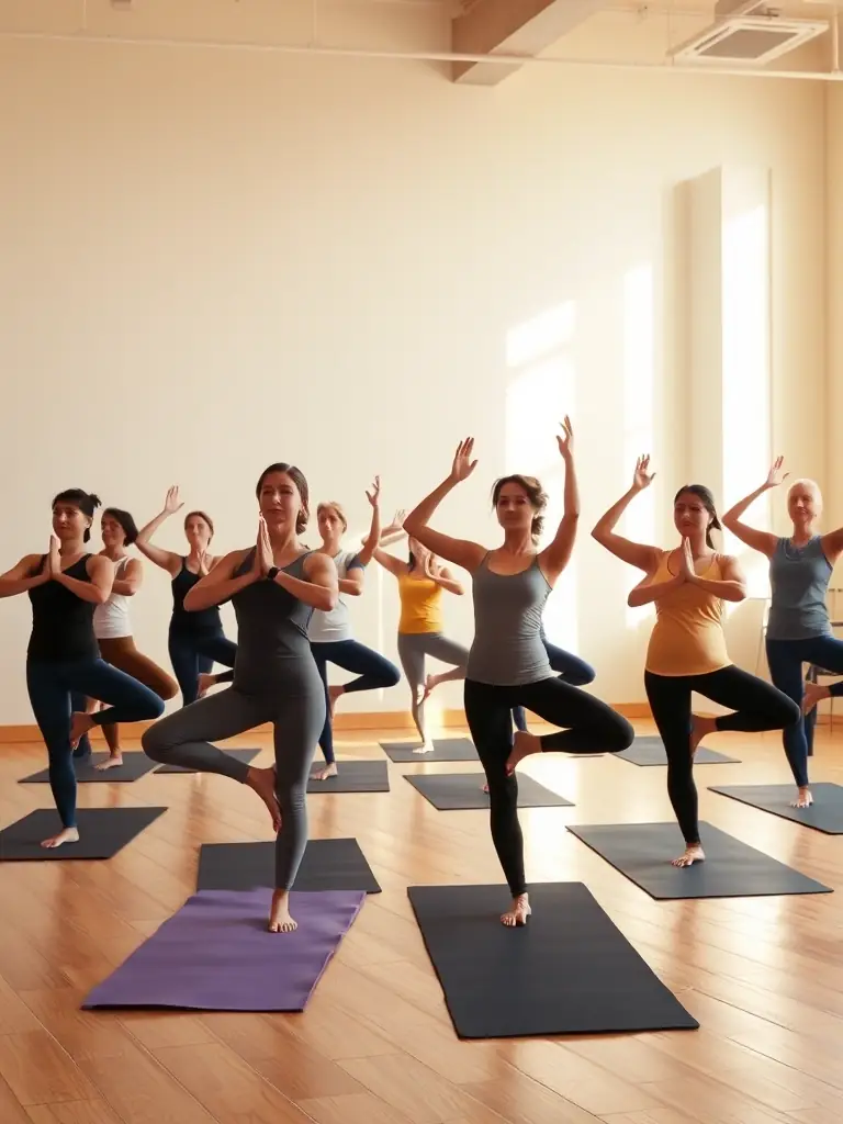 A group of people participating in a yoga class at ESPACE FORME USSEL, emphasizing flexibility and relaxation.