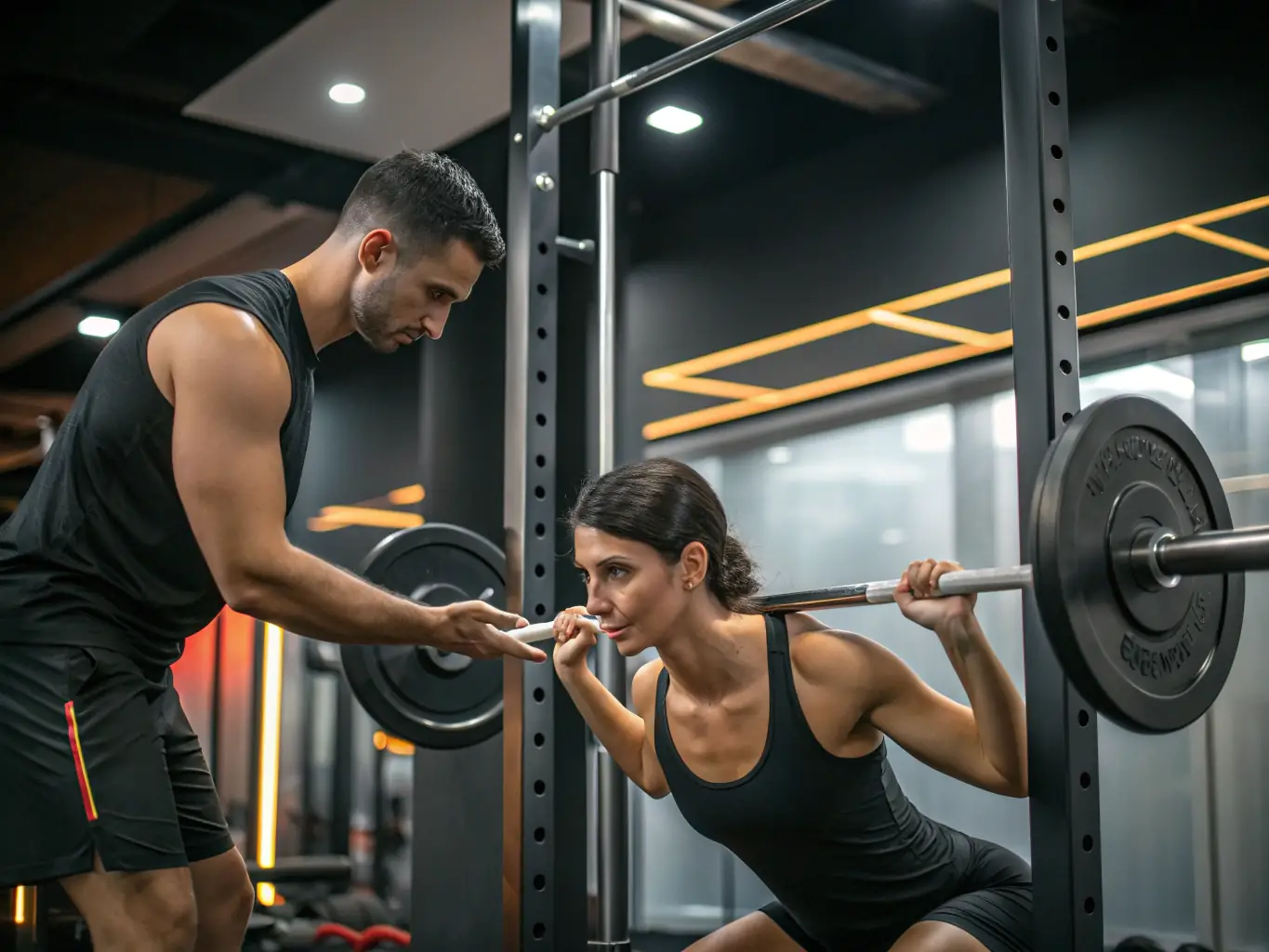 A dedicated personal trainer working one-on-one with a client in a modern gym setting, providing guidance and support during a workout session.