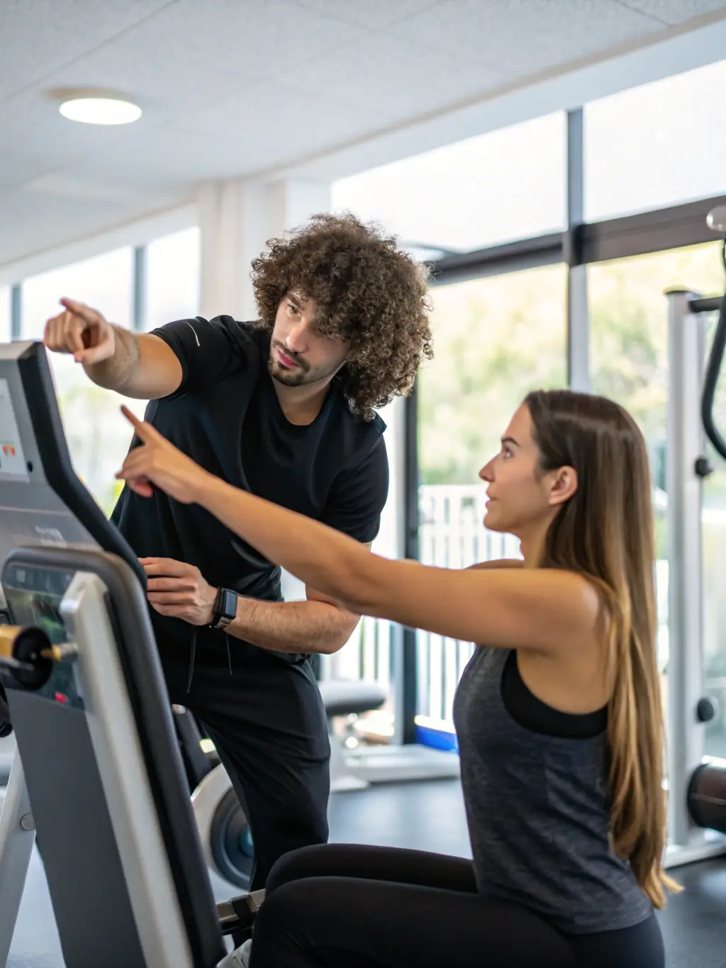 A trainer guiding a client through a personalized fitness routine at ESPACE FORME USSEL, emphasizing tailored fitness plans.