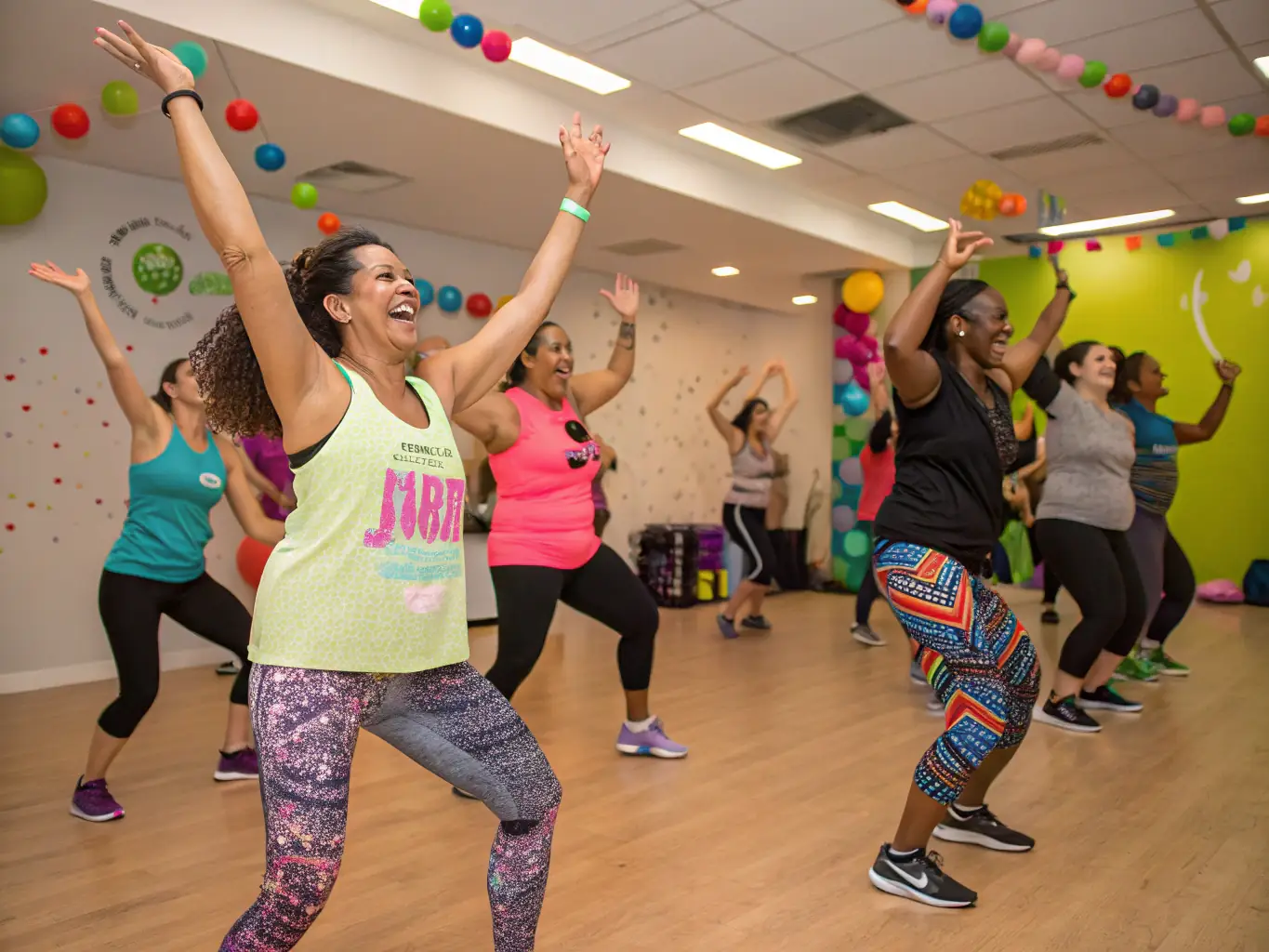 A group of diverse individuals participating in a high-energy Zumba class at ESPACE FORME USSEL, showcasing the fun and inclusive atmosphere.