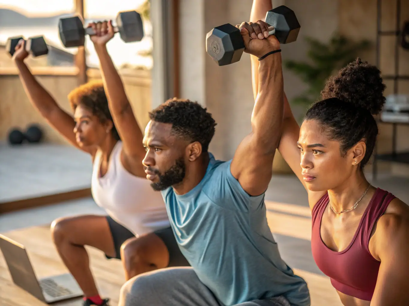 An image of individuals participating in a weightlifting session at ESPACE FORME USSEL, demonstrating proper form and technique under the guidance of a certified personal trainer.